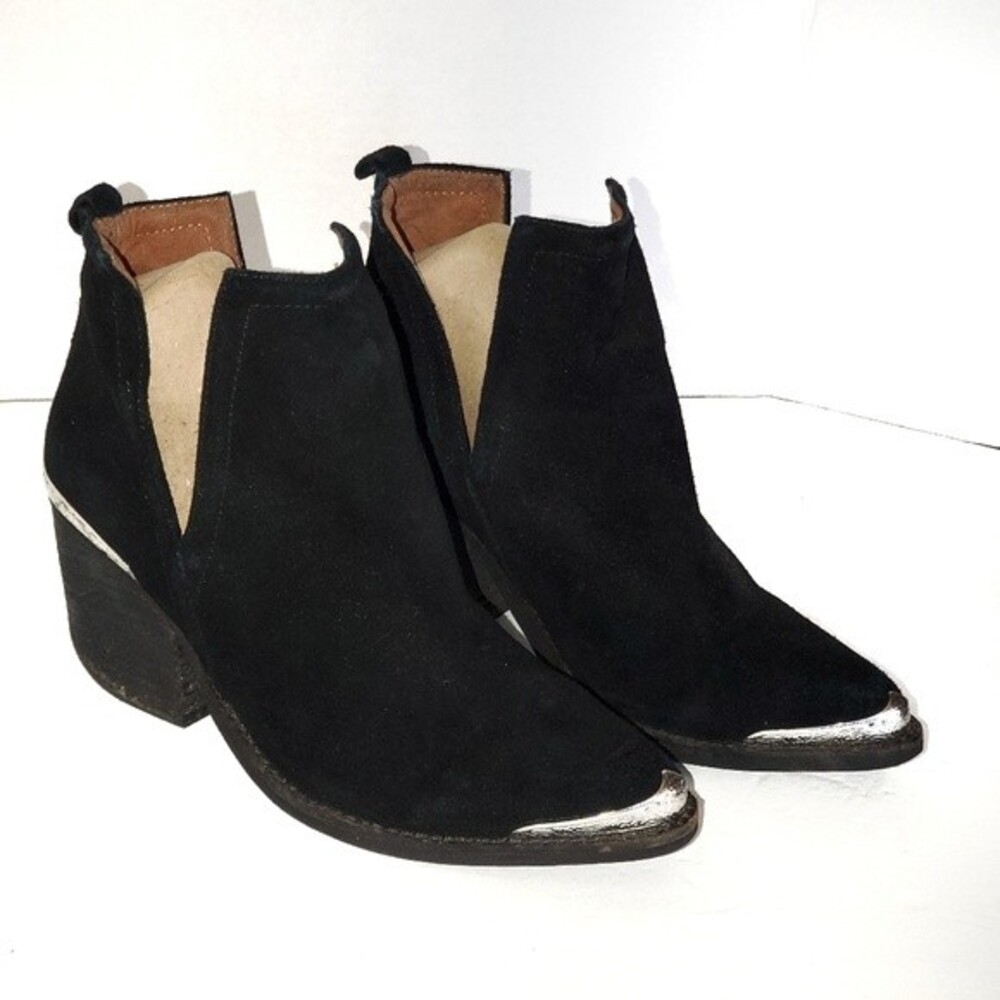 Jeffrey Campbell Black Suede Cowboy Booties Western Ankle Boots Silver Toe 6